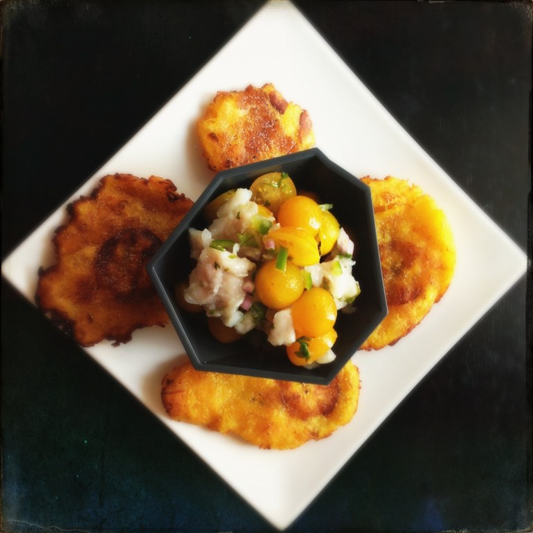 Another successful dish - red snapper ceviche with cherry tomatoes and fried plantains.